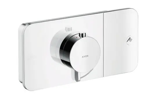 Thermostatmodul von AXOR in Edelstahloptik, Unterputzmontage, mit einem runden Griff zur Temperaturregelung und einem Auswahl-Icon für die Nutzung.